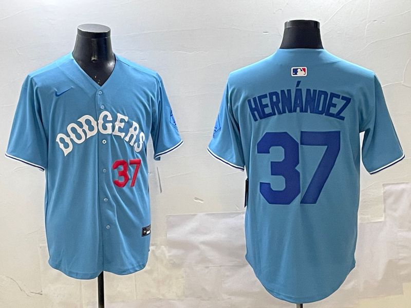 Men Los Angeles Dodgers #37 Hernandez Light Blue Joint Name 2025 Nike MLB Jersey style 8